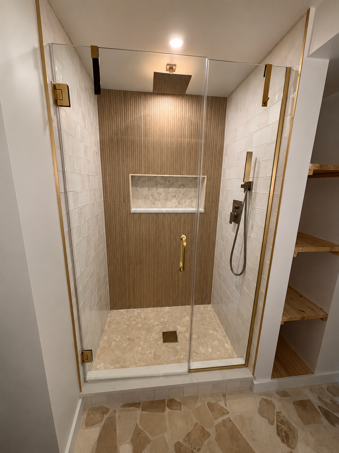 Warm Wood & Brass Full Bath Remodel — Barrington, IL